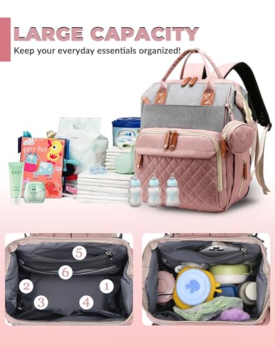 Lamroro Diaper Bag Backpack with Changing Station, Waterproof Large Capacity, Baby Bag for Mom & Dad, 18 Pockets+USB Port, Foldable Changing Pad, Travel Backpack for Newborn Essentials, Baby Gift