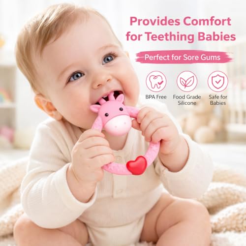 SHARE&CARE BPA Free Silicone Giraffe Baby Teether Toy with Storage Case, for 3 Months Above Infant Sore Gums Pain Relief and Baby Shower, Baby Teething Toys (Pink)