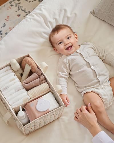 Blissful Diary Floral Diaper Caddy Organizer, Stylish Nursery Storage Basket, Gift for Baby Shower, Newborn Essentials, Floral Beige