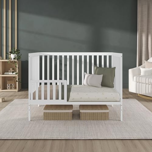 Dream On Me Synergy 5-in-1 Convertible Full-Size Baby Crib with Toddler, Day & Full Bed Conversion in White, GreenGuard Gold & BSA, 3 Mattress Heights, Sustainable Pinewood