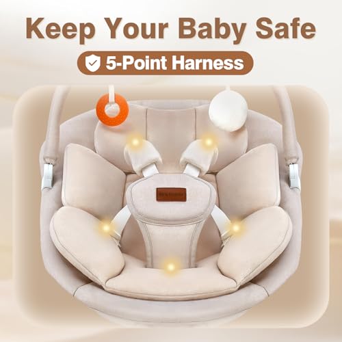 Baby Swing, Electric Infant Swing with Remote Control, 5 Speed Adjustable, Machine Washable Cushion, 5 Point Safety Harness, Bluetooth Music, Portable Baby Swing (Beige)