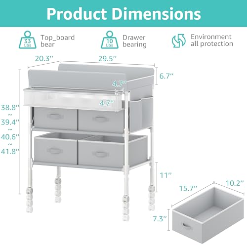 BOLUO Baby Changing Table with 4 Drawers, Waterproof Diaper Changing Station with Storage, Adjustable Height Baby Changing Station for Mobile Nursery Grey