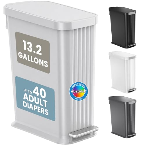 Patented 13 Gallon STEP Adult Diaper Pail, Fits Kitchen Bags, Odor Filter Trash Can, 40+ Diapers Capacity, No Refills Needed, Incontinence Underwear & Nursery Diapers, ADA Compliant, Matte Stone Gray