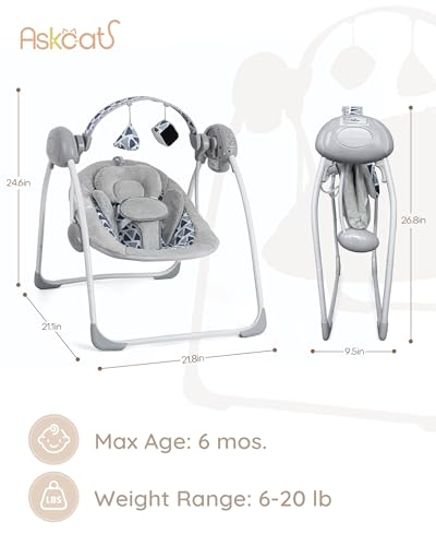 Portable Baby Swing for Infants, Adjustable Speed, Music & Timer, Easy to Fold, Indoor and Outdoor Use, Grey, 6-20 lbs