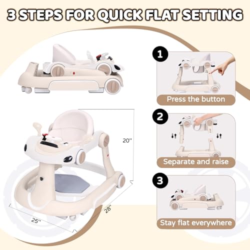 Baby Walker, 4-in-1 Baby Walker with Wheels Portable, Foldable Infant Toddler Walker for Boys Girls 6-18 Month (Beige)