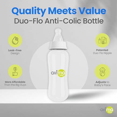 Avima 10 oz Anti Colic Baby Bottles w Medium Flow Nipples. 4-7M (Set of 8)