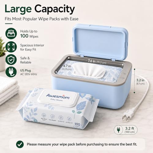Awesmom Wipe Warmer for Baby & Adult Wet Wipes, Large Capacity Diaper Wipes Dispenser, 3-Level Adjustable Temperature, Silent & Even Heating, Blue