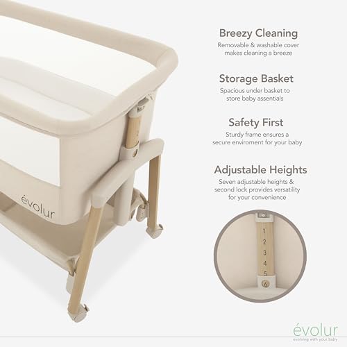 Evolur Lullaby Portable Bassinet with Wheels, Adjustable Bedside Sleeper, Breathable Mesh Sides, Large Storage Basket, Easy Fold, and Travel Bag Included, Perfect for Newborns & Infants - Biege