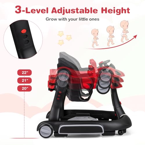 BABY JOY 7-in-1 Baby Walker, Foldable Baby Walker and Bouncer Combo with Handle, Adjustable Height & Speed, Music, Lights, Rocker/Push Mode, Baby Walker with Wheels for Boys Girls 7-18 Months (Red)