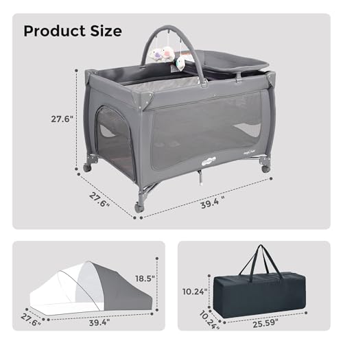 Pamo Babe 7 in 1 Pack and Play with Bassinet, Portable Crib with Mattress, Diaper Changer, Magic Fold™ One-Step Quick Setup Playard, Mosquito Net, Zipper Door, Toy Arch for Newborn to Toddler