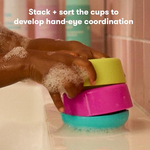 Frida Baby Stack + Pour Bath Tower Bath Toy, Bath Toys for Toddlers, Teaches Child to Grasp, Stack & Scoop. Gross to Fine Motor Skills, Hand Eye Coordination, Sort by Size, Count, Pretend Play