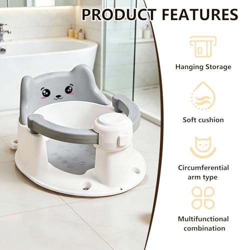 Baby Bath Seat for Babies 6 Months and Up, Non-Slip Bathtub Support Seat for Toddlers, Portable Infant Bath Chair with Strong Suction Cups, Safety Armrest & Cute Bear Backrest