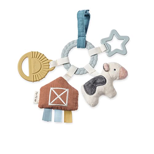 Itzy Ritzy Teething Toy Gift Set - Includes Cow Lovey & Barn-Themed Busy Ring Car Seat and Stroller Toy - Features Crinkle Sounds, Engaging Textures & Silicone Teething Relief (Farm)