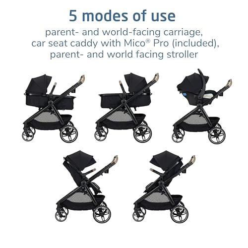 Maxi-Cosi Zelia Pro 5-in-1 Travel System with Mico Pro Infant Car Seat and Baby Stroller Combo, Reversible Seat, Large Wheels, Adjustable Handle, Newborn to Toddler, Lightweight, Caspian Caviar