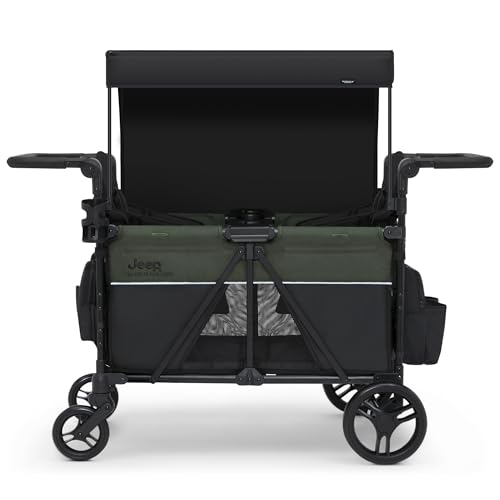 Jeep Aries Stroller Wagon by Delta Children Premium Wagon for 2 Kids with Convertible Seats, Adjustable Push/Pull Handles, Removable Canopy & Flat Fold - Greenguard Gold Certified, Black/Green