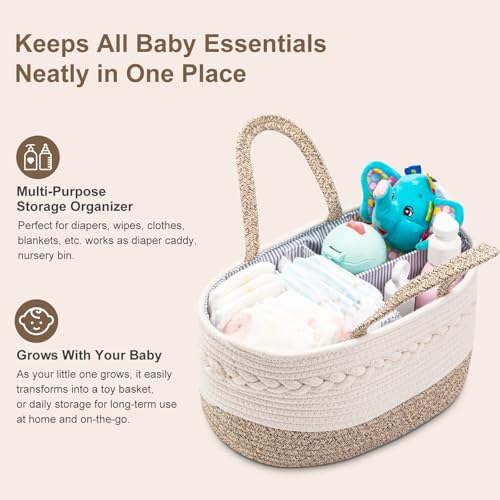 YeaYee Baby Diaper Caddy Organizer, Portable Nursery Storage Basket with Changeable Compartments, 100% Cotton Woven Rope Baskets, Car & Changing Table Tote, Newborn Gift
