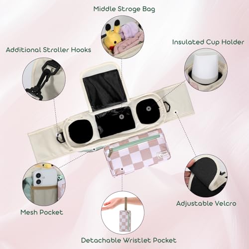 ERRUI Universal Stroller Organizer with Insulated Cup Holders and Detachable Phone Bag,Stroller Caddy Fits for Stroller Accessories like Uppababy, Baby Jogger, Doona, Nuna Stroller (Green Square grid)