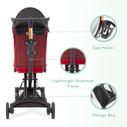 Evolur Roamer Ultra Lightweight Stroller, Compact One-Hand Self-Standing Fold Travel Stroller with 5-Point Safety Harness, Adjustable Sun Canopy, 360° Rotating Wheels with Cup Holder - Red