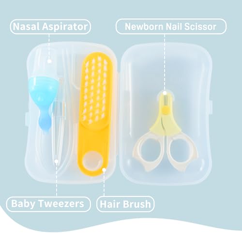 Pigeon 4-in-1 Baby Grooming Kit with Storage Case, Safe Baby Care Products, Newborn Essentials, Includes Newborn Nail Scissors, Brush, Baby Tweezer, and Nasal Sucker Clear Nose