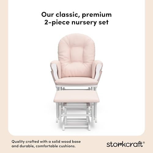 Storkcraft Premium Hoop Glider & Ottoman (White/Pink) — GREENGUARD Gold Certified Nursery Glider, Solid Wood Craftsmanship, Smooth-Gliding Nursery Chair and Ottoman, Award-Winning