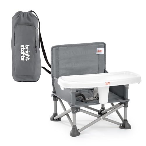 Bright Starts Pop ‘N Sit Portable Booster Seat, 3-in-1 Floor Seat, Travel High Chair & Toddler Booster with Feeding Tray, Indoor/Outdoor, Grey, 6 Months–3 Years