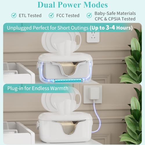 IGERI Portable Baby Wipe Warmer - Cordless Rechargeable Wet Wipes Dispenser for Travel Battery Operated with Nightlight Temperature Control for On the Go