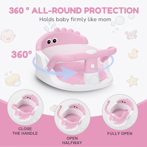 Baby Bath Seat for Babies 6 Months & Up Sitting Up | 360° Stable Toddler Bath Chair with One-Touch Button | Baby Bath Tub Seat with Suction Cups | Open Design, Compact, Detachable, Non-Slip (Pink)