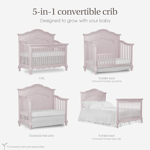 Evolur Aurora 5-in-1 Convertible Full-Size Baby Crib in Dusty Rose, 3 Mattress Heights, Ribbon Bow Scrollwork & Queen Anne Feet, Converts to Toddler, Day & Full-Size Bed