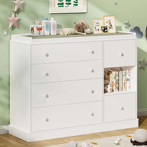 Halitaa Kids Dresser Cabinet with 6 Drawers, Changing Table for Nursery with Shelf, Multi-Functional Chest of Drawers, Kids Bedroom Furniture, Nightstand for Children's Room, White