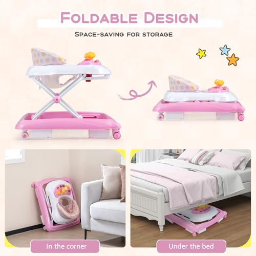 BABY JOY Baby Walker, 4 in 1 Foldable Activity Walker with Adjustable Height, Music, Lights, Anti-Rollover Toddler Push Walker, Baby Walker with Wheels for Boys Girls 7-14 Months (Pink)