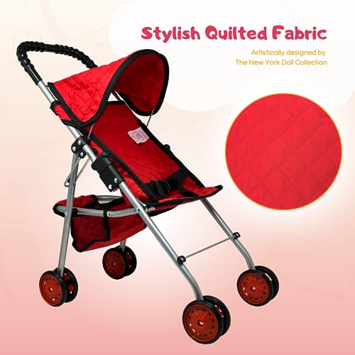 The New York Doll Collection My First Doll Stroller with Basket, Foldable Doll Stroller (Red Quilted)