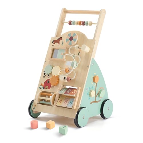 DUMOS Wooden Baby Push Walker, Montessori Activity Toys with Adjustable Speed for 1 Year Old, Silent Rubber Wheels, Wood