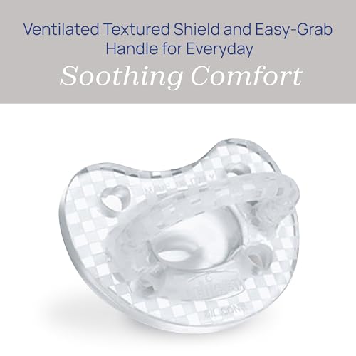 Chicco PhysioForma Luxe Orthodontic Pacifier for Babies 16-24 Months, One-Piece 100% Soft Silicone, Supports Breathing, Textured Shield & Handle, Included Sterilizing Case, BPA Free, 2-Pack, Crystal