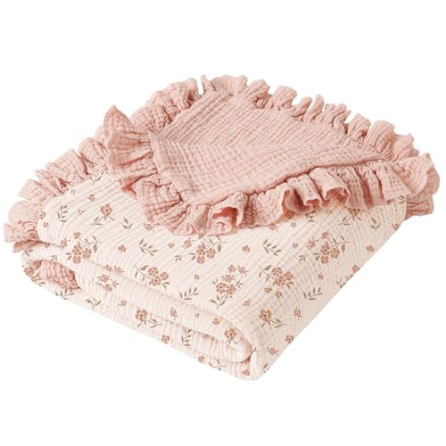 Konssy Flounce Muslin Baby Blanket for Girls Boys, 100% Cotton Soft Crib Swaddle Blankets, Reversible & Breathable Nursery Bedding for Newborns Toddlers, 43 x 39 Inches (Blossom)