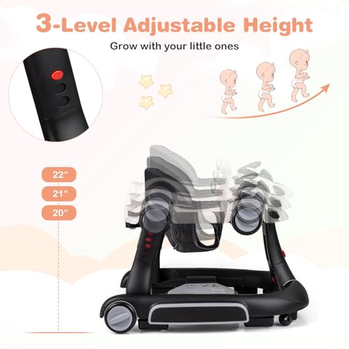 BABY JOY 7-in-1 Baby Walker, Foldable Baby Walker and Bouncer Combo with Handle, Adjustable Height & Speed, Music, Lights, Rocker/Push Mode, Baby Walker with Wheels for Boys Girls 7-18 Months (White)