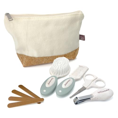 Dreambaby Neat and Tidy 9pc Baby Grooming Kit with Wheatgrass, Baby Hair Brush and Comb Set, Baby Essentials Baby Travel Essential in Cotton and Cork Bag, Eco Conscious Design