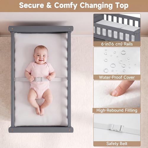 INFANS Wooden Baby Changing Table with Comfy Changing Pad, 3 Fabric Drawers, Laundry Hamper, Safety Belt, Diaper Station Dresser for Nursery Infant (Light Gray)