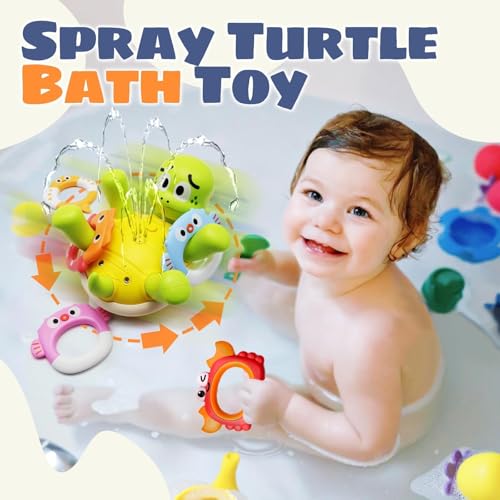 Sizobi Baby Bath Toys, Rechargeable Turtle Bath Toy Sprinkler for Toddler with 5 Rings, Bathtub Fountain Spray Toy,Pool Water Bath Toys for Kids Ages 1-3, Boys Outdoor Water Table Toy Birthday Gifts
