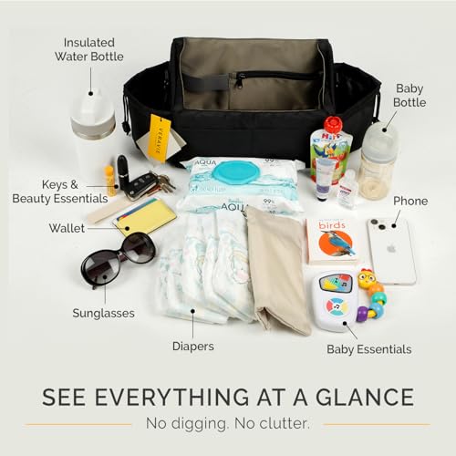 VERAVIE Single & Double Stroller Caddy Organizer Storage Bag, Cup Holders