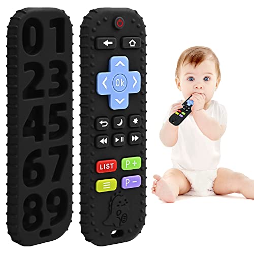 Teething Relief Teethers Toys for Babies 3-6-12 Months Gifts, Food Grade Silicone Sensory Baby Remote Control Teether Bath Toy for Newborn Infant Boy Girl Autism Birthday Christmas Gift, Black