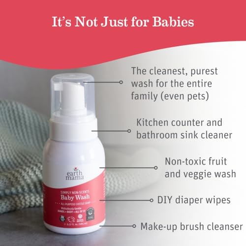 Earth Mama Simply Non-Scents Baby Wash Foaming Hand Soap, All-Purpose Fragrance Free Body Wash for Sensitive Skin, Castile Soap with Coconut Oil, Shea Butter, Calendula, & Aloe, 6.27 fl oz
