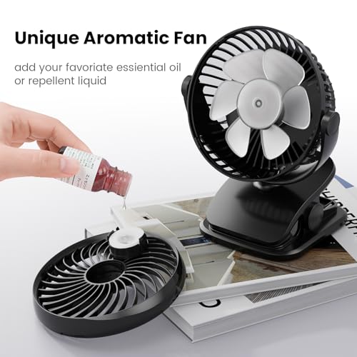 Shinebella AA Battery Powered Clip on Fan with 4-Speed, 5’’ Small Desk Fan with Aroma Function, USB Powered, 360°Rotation, Ultra Quiet, for Golf Cart, Stroller, Bedroom,Car(Batteries Not Included)