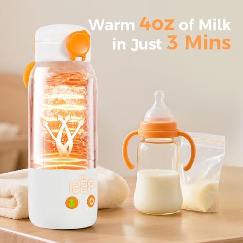 Portable Bottle Warmer for Travel, 12oz Large Capacity Fast Heating, 4 Levels Precise Temperature Control, Long Battery Life, Rechargeable Formula Water Milk Warmer for Car, Airplane & Outdoor Use