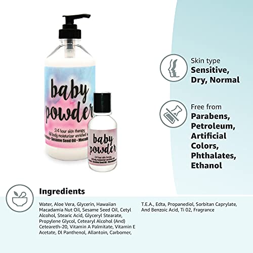 The Lotion Company 24 Hour Skin Therapy Lotion, Baby Powder Fragrance, Full Body Moisturizer, w/ Aloe Vera, Paraben Free, Made in USA, 16 oz bottle + 2 oz travel size