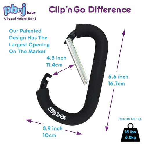 PBnJ Baby Stroller Hooks, 6.6" Extra Large Carabiner Clip, 2 Pack — Heavy Duty Stroller Clips for Hanging Bags, Patented Foam Handle Mommy Hook, Stroller Accessories for Shopping Purse Grocery Bag