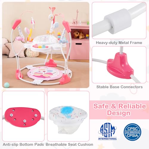 HONEY JOY Baby Bouncer Activity Center, Infant Jumper and Table w/ 360° Rotary Seat, 3 Adjustable Heights, Mat, Music, Lights, Sounds & Developmental Toys, Activity Center for Babies (Pink)