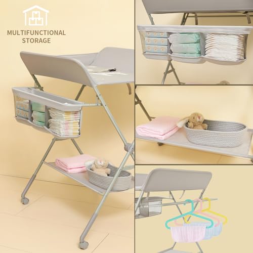 KARAOK Baby Changing Table with Wheels, Portable Diaper Changing Station with 4-Level Height Adjustment & Storage Rack for Newborn, Infant(Light Grey)