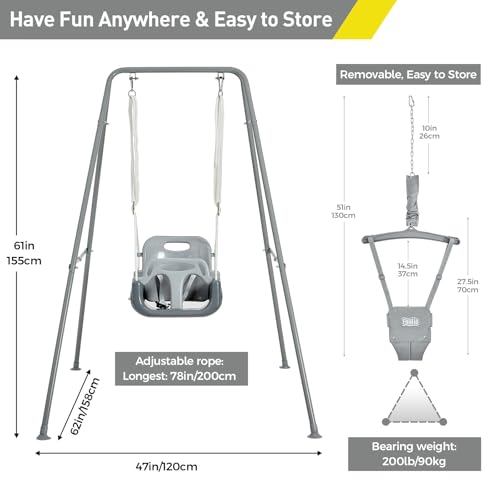 FUNLIO 2 in 1 Swing Set for Toddler & Baby Jumper, Heavy Duty Kids Swing & Bouncer with 4 Sandbags, Foldable Metal Stand for Indoor/Outdoor Play, Easy to Assemble and Store - Grey