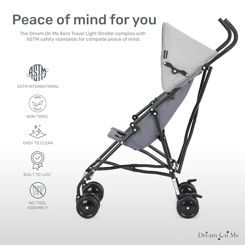 Dream On Me Aero Travel Umbrella Stroller, One-Hand Quick Fold, 3-Point Safety Harness, Dual Brakes, Adjustable Removable Canopy, Lightweight Compact & Space-Saving, for 6 to 36 Months – Grey