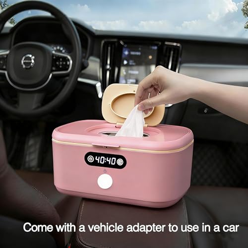 Wipe Wamer for Vehicle and Home Use, Baby Wet Wipes Dispenser and Diaper Wipe Warmer with Night Light,Temperature Display,No Need Water and Sponge, ℉ and ℃ Convertible (Pink, 110-240V)